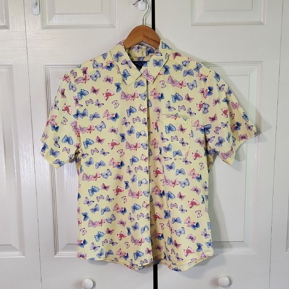 Vintage Karen Scott Butter Yellow Butterfly Top Size Med Button Front Fairycore